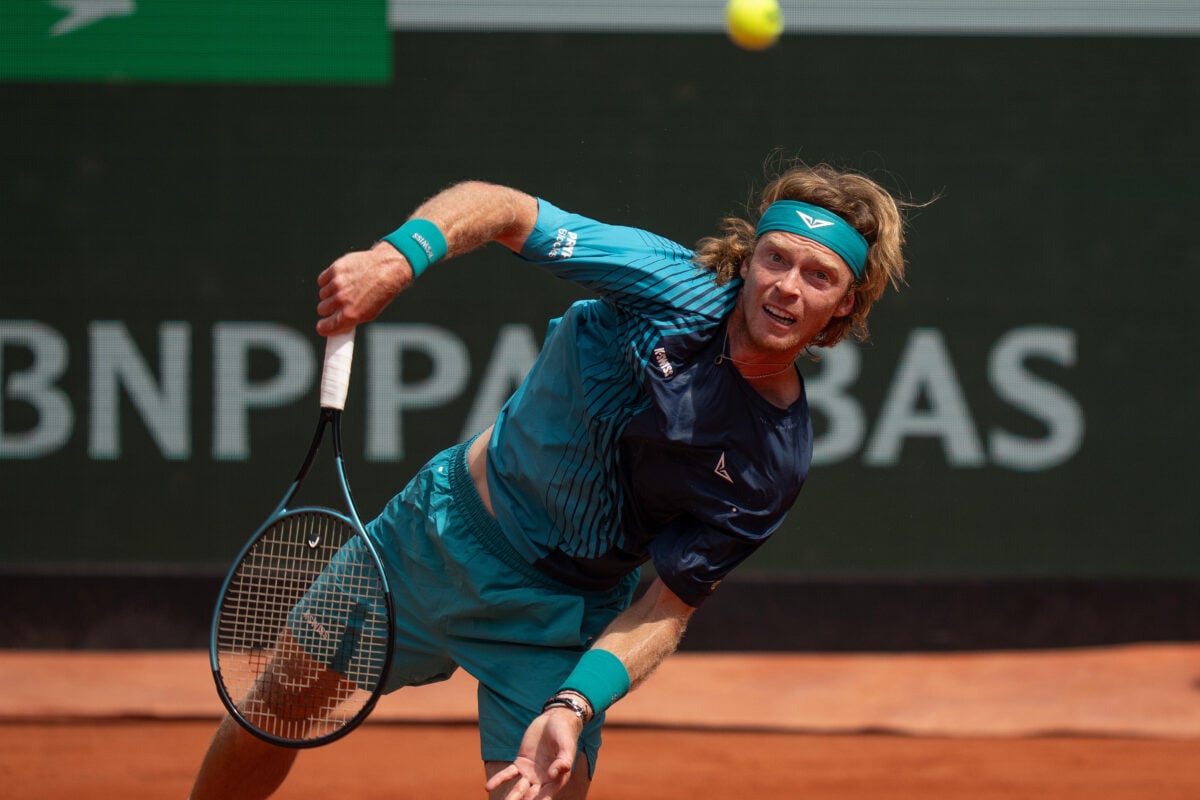 May 29, 2026; Paris, France; Andrey Rublev serves during his match against Nuno Borges of Portugal on day six at Stade Roland Garros. Mandatory Credit: Susan Mullane-Imagn Images