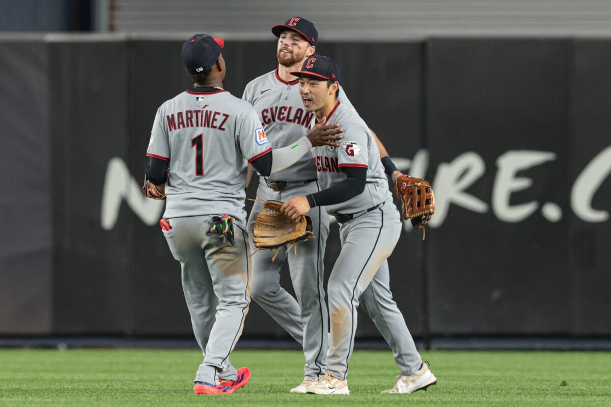 Jun 2, 2026; Bronx, New York, USA; Cleveland Guardians left fielder Angel Martinez (1) celebrates with left fielder Steven Kwan (38) and center fielder Daniel Schneemann (10) after defeating the New York Yankees at Yankee Stadium. Mandatory Credit: Vincent Carchietta-Imagn Images