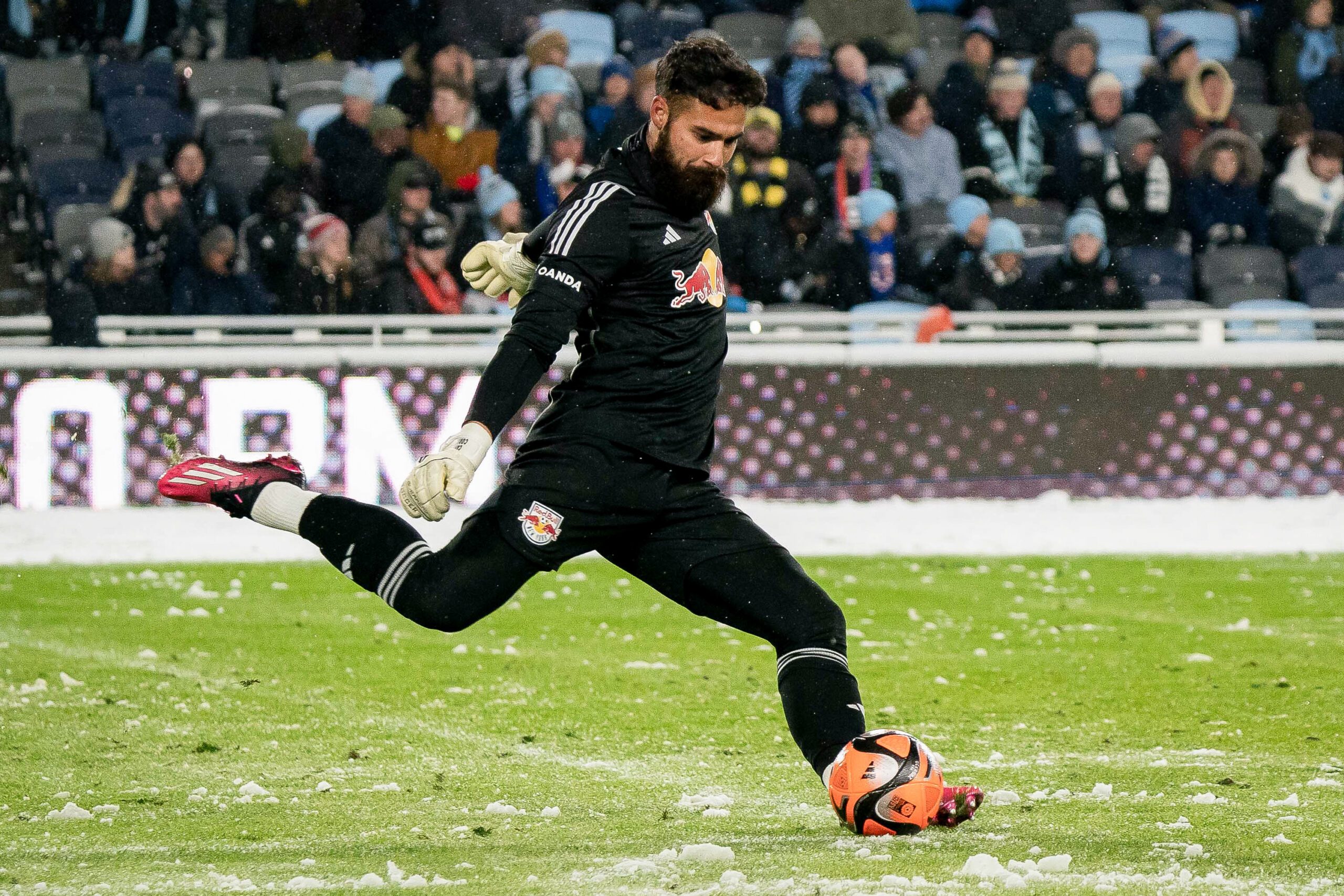 Mar 11, 2023; Saint Paul, Minnesota, USA; New York Red Bulls goalkeeper Carlos Miguel Coronel (1) takes a goal kick against Minnesota United at Allianz Field. Mandatory Credit: Matt Blewett-Imagn Images