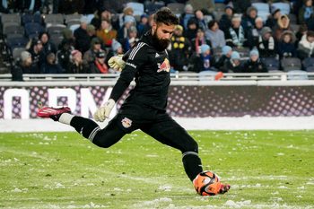 Mar 11, 2023; Saint Paul, Minnesota, USA; New York Red Bulls goalkeeper Carlos Miguel Coronel (1) takes a goal kick against Minnesota United at Allianz Field. Mandatory Credit: Matt Blewett-Imagn Images