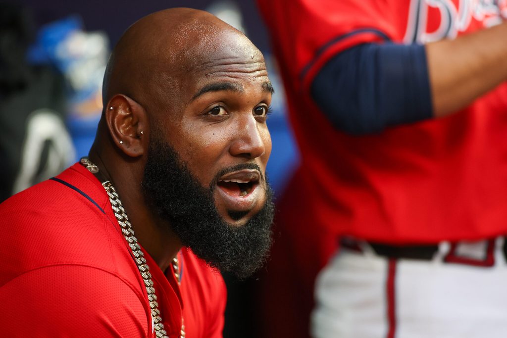 Apr 19, 2024; Atlanta, Georgia, USA; Atlanta Braves Atlanta Braves designated hitter Marcell Ozuna (20) in the dugout before a game against the Texas Rangers at Truist Park. Mandatory Credit: Brett Davis-Imagn Images