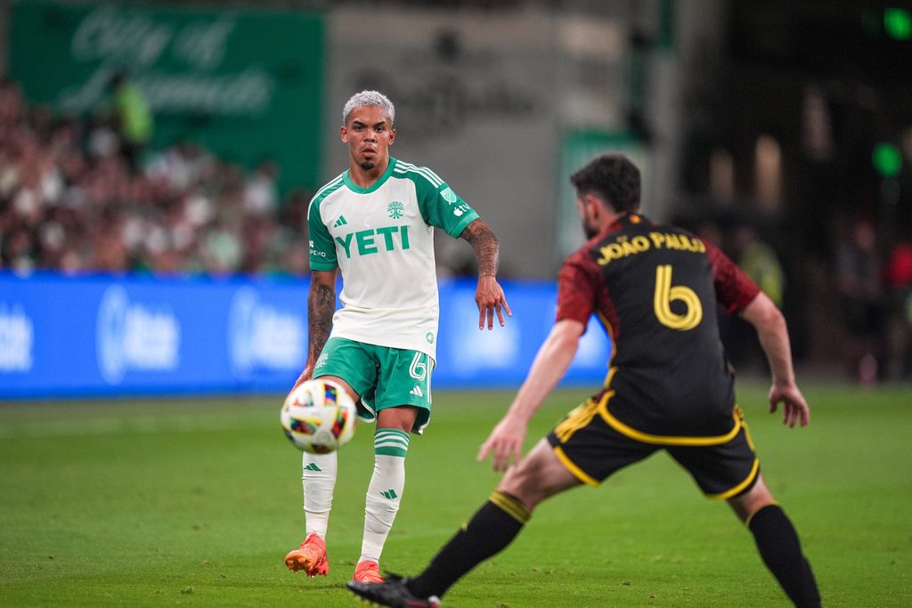 Jul 13, 2024; Austin, Texas, USA; Austin FC midfielder Daniel Pereira (6) passes the ball past Seattle Sounders FC midfielder João Paulo (6) in the second half at Q2 Stadium. Mandatory Credit: Daniel Dunn-Imagn Images