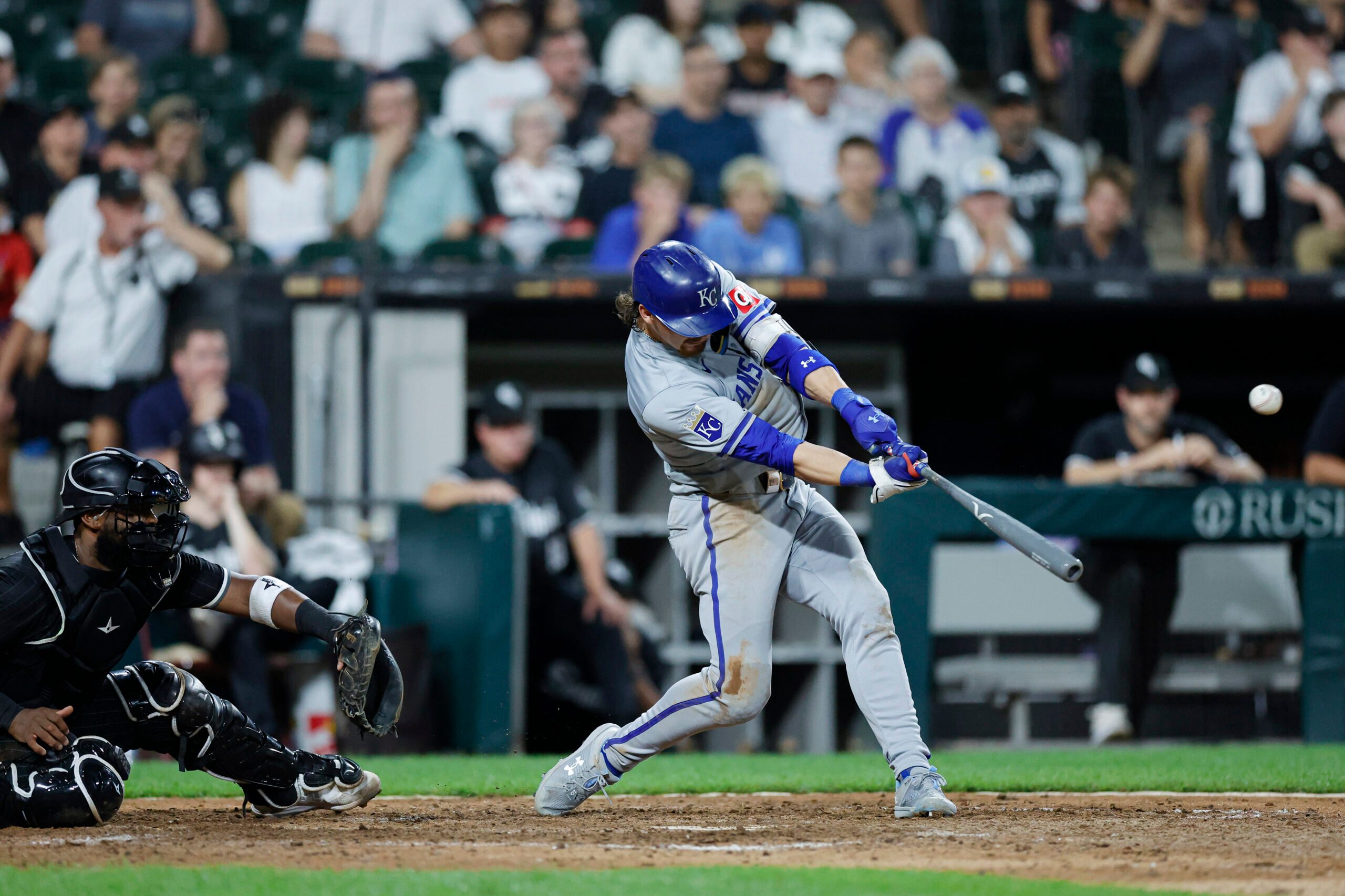 Jul 28, 2024; Chicago, Illinois, USA; Kansas City Royals shortstop Bobby Witt Jr. (7) hits a grand slam against the Chicago White Sox during the eight inning at Guaranteed Rate Field. Mandatory Credit: Kamil Krzaczynski-Imagn Images