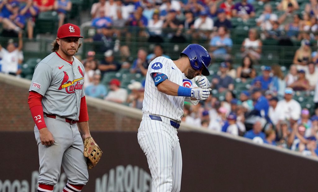Aug 4, 2024; Chicago, Illinois, USA; Chicago Cubs outfielder Mike Tauchman (40) gestures after hitting a double against the St. Louis Cardinals during the fourth inning at Wrigley Field. Mandatory Credit: David Banks-Imagn Images