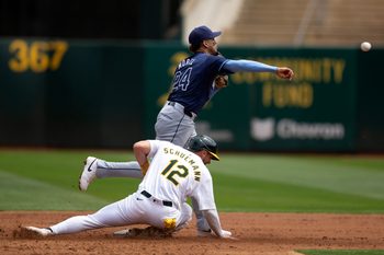 Aug 22, 2024; Oakland, California, USA; Tampa Bay Rays second baseman Christopher Morel (24) throws over Oakland Athletics shortstop Max Schuemann (12) to complete a double play during the second inning at Oakland-Alameda County Coliseum. Mandatory Credit: D. Ross Cameron-Imagn Images