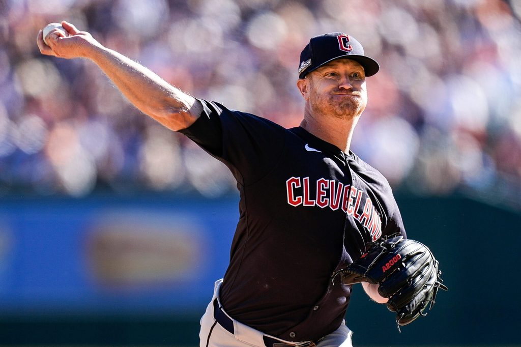 Cleveland Guardians pitcher Alex Cobb throws against Detroit Tigers during the first inning at Game 3 of ALDS at Comerica Park in Detroit on Wednesday, Oct. 9, 2024.