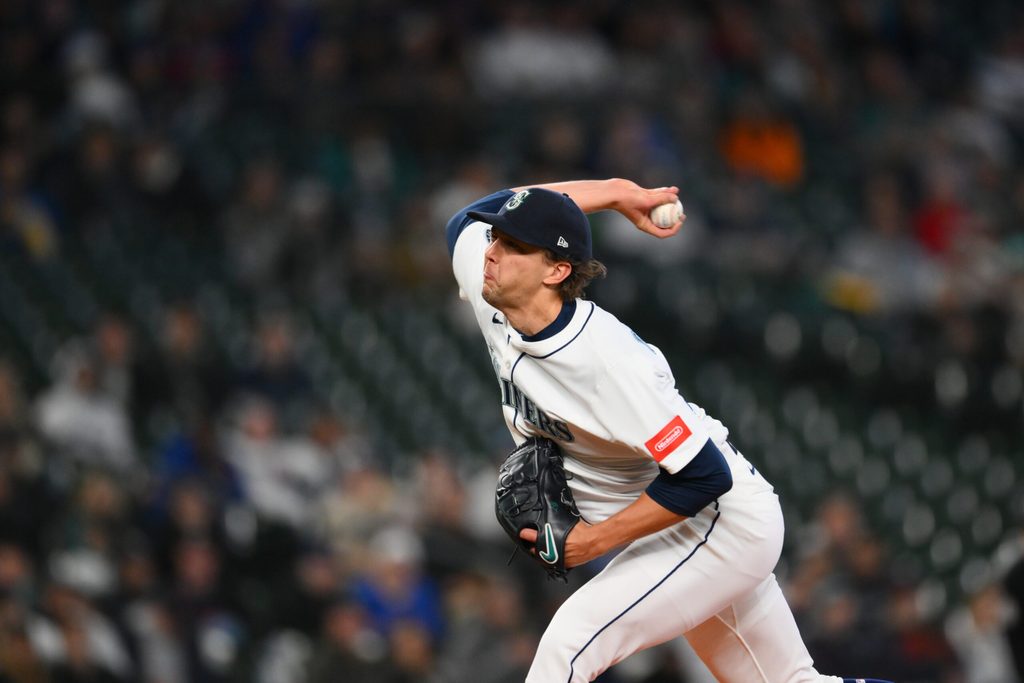 Apr 1, 2025; Seattle, Washington, USA; Seattle Mariners starting pitcher Logan Gilbert (36) pitches to the Detroit Tigers during the first inning at T-Mobile Park. Mandatory Credit: Steven Bisig-Imagn Images