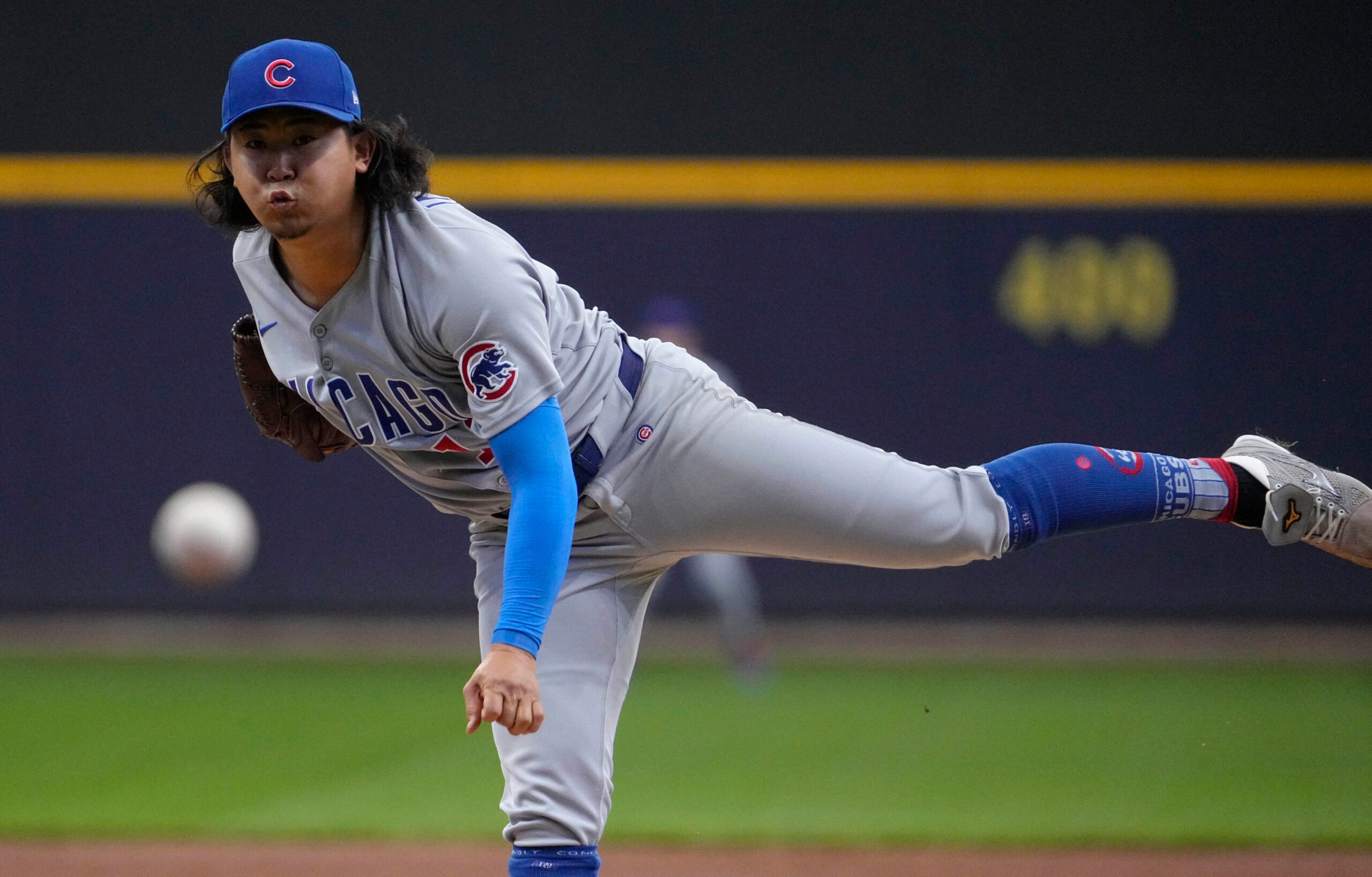 May 4, 2025; Milwaukee, Wisconsin, USA; Chicago Cubs pitcher Shota Imanaga (18) delivers a pitch against the Milwaukee Brewers in the first inning at American Family Field. Mandatory Credit: Michael McLoone-Imagn Images