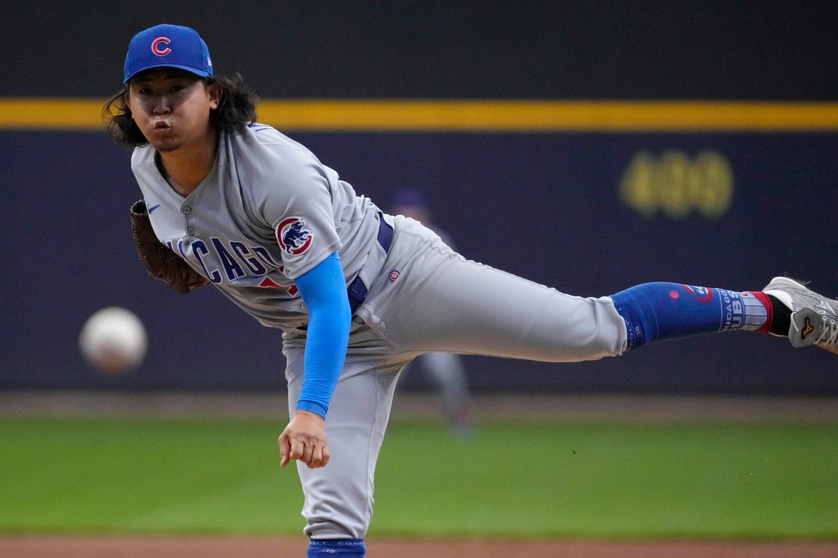 May 4, 2025; Milwaukee, Wisconsin, USA; Chicago Cubs pitcher Shota Imanaga (18) delivers a pitch against the Milwaukee Brewers in the first inning at American Family Field. Mandatory Credit: Michael McLoone-Imagn Images