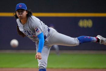 May 4, 2025; Milwaukee, Wisconsin, USA; Chicago Cubs pitcher Shota Imanaga (18) delivers a pitch against the Milwaukee Brewers in the first inning at American Family Field. Mandatory Credit: Michael McLoone-Imagn Images