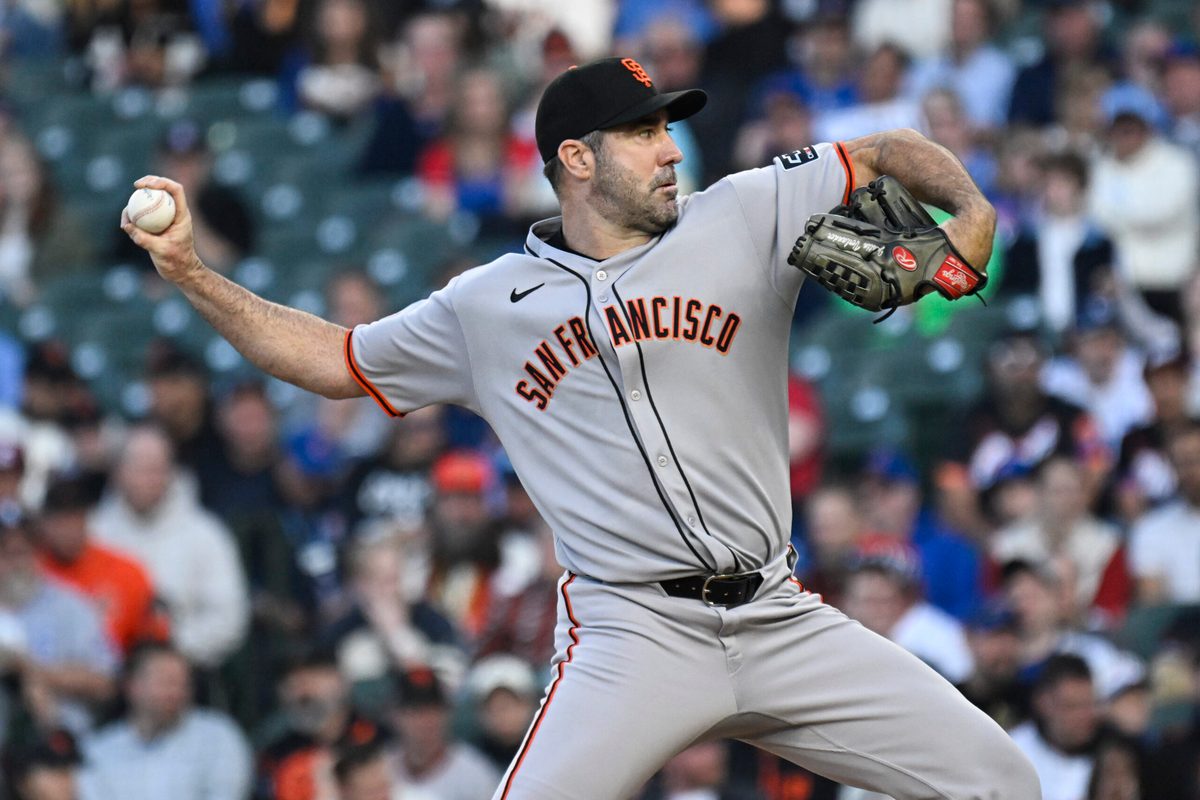 May 6, 2025; Chicago, Illinois, USA; San Francisco Giants pitcher Justin Verlander (35) delivers against the Chicago Cubs during the first inning at Wrigley Field. Mandatory Credit: Matt Marton-Imagn Images