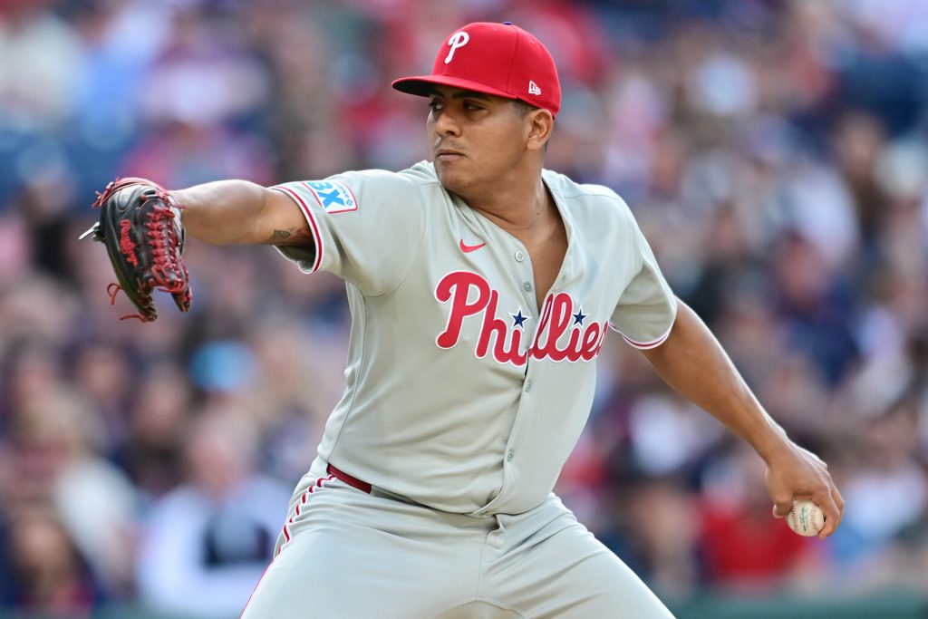 May 10, 2025; Cleveland, Ohio, USA; Philadelphia Phillies starting pitcher Ranger Suarez (55) throws a pitch during the first inning against the Cleveland Guardians at Progressive Field. Mandatory Credit: Ken Blaze-Imagn Images