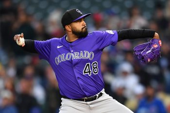 May 27, 2025; Chicago, Illinois, USA; Colorado Rockies starting pitcher German Marquez (48) pitches during the first inning against the Chicago Cubs at Wrigley Field. Mandatory Credit: Patrick Gorski-Imagn Images