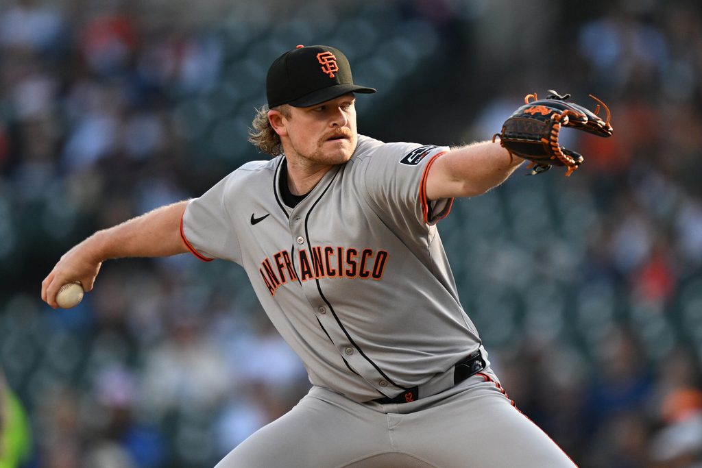 May 27, 2025; Detroit, Michigan, USA; San Francisco Giants starting pitcher Logan Webb (62) throws a pitch against the Detroit Tigers in the first inning at Comerica Park. Mandatory Credit: Lon Horwedel-Imagn Images