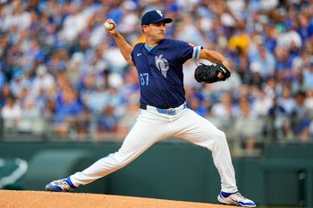 May 30, 2025; Kansas City, Missouri, USA; Kansas City Royals starting pitcher Seth Lugo (67) pitches during the first inning against the Detroit Tigers at Kauffman Stadium. Mandatory Credit: Jay Biggerstaff-Imagn Images
