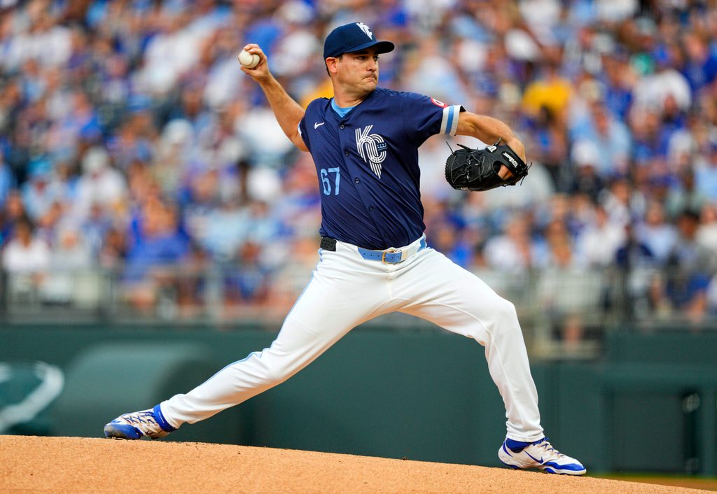 May 30, 2025; Kansas City, Missouri, USA; Kansas City Royals starting pitcher Seth Lugo (67) pitches during the first inning against the Detroit Tigers at Kauffman Stadium. Mandatory Credit: Jay Biggerstaff-Imagn Images