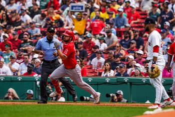 Jun 4, 2025; Boston, Massachusetts, USA; Los Angeles Angels first base Nolan Schanuel (18) hits a double to drive in a run against the Boston Red Sox in the second inning at Fenway Park. Mandatory Credit: David Butler II-Imagn Images