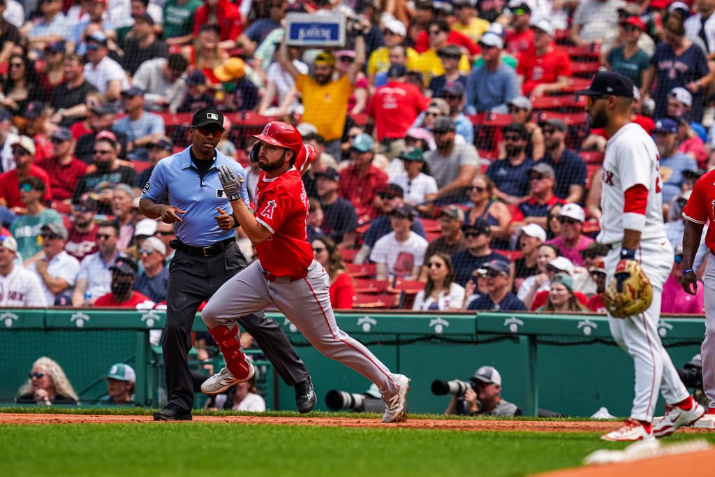 Jun 4, 2025; Boston, Massachusetts, USA; Los Angeles Angels first base Nolan Schanuel (18) hits a double to drive in a run against the Boston Red Sox in the second inning at Fenway Park. Mandatory Credit: David Butler II-Imagn Images