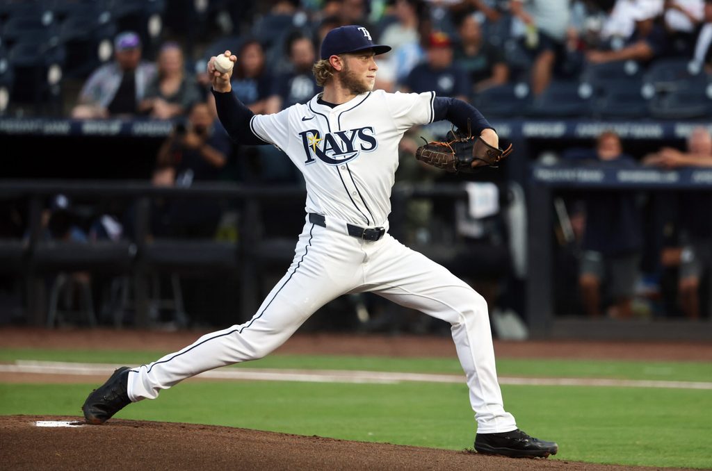 Jun 4, 2025; St. Petersburg, Florida, USA; Tampa Bay Rays pitcher Shane Baz (11) throws a pitch against the Texas Rangers at George M. Steinbrenner Field. Mandatory Credit: Kim Klement Neitzel-Imagn Images