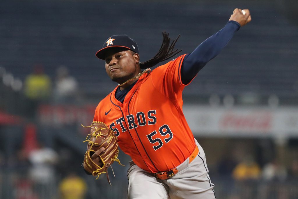 Jun 5, 2025; Pittsburgh, Pennsylvania, USA; Houston Astros starting pitcher Framber Valdez (59) delivers a pitch against the Pittsburgh Pirates during the first inning at PNC Park. Mandatory Credit: Charles LeClaire-Imagn Images
