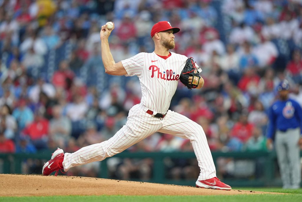 Jun 9, 2025; Philadelphia, Pennsylvania, USA; Philadelphia Phillies starting pitcher Zack Wheeler (45) throws a pitch agianst the Chicago Cubs in the first inning at Citizens Bank Park. Mandatory Credit: Kyle Ross-Imagn Images