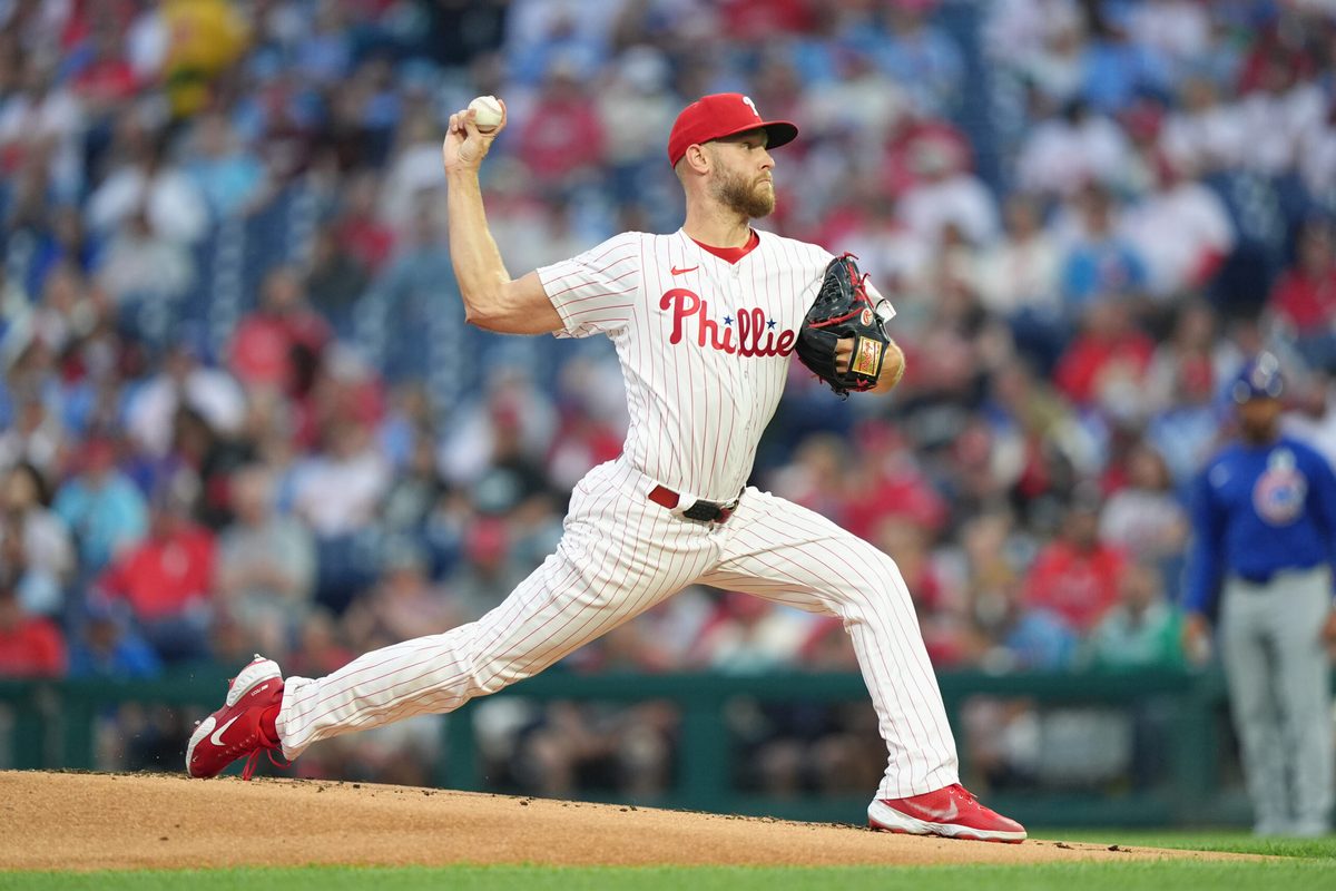 Jun 9, 2025; Philadelphia, Pennsylvania, USA; Philadelphia Phillies starting pitcher Zack Wheeler (45) throws a pitch agianst the Chicago Cubs in the first inning at Citizens Bank Park. Mandatory Credit: Kyle Ross-Imagn Images