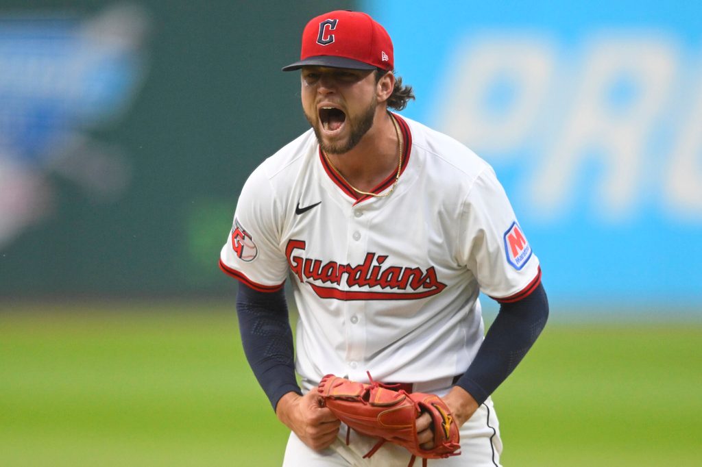 Jun 10, 2025; Cleveland, Ohio, USA; Cleveland Guardians starting pitcher Slade Cecconi (44) reacts after ending the fourth inning with a strikeout in the fourth inning against the Cincinnati Reds at Progressive Field. Mandatory Credit: David Richard-Imagn Images