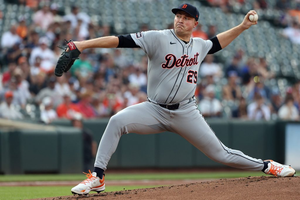 Jun 12, 2025; Baltimore, Maryland, USA; Detroit Tigers pitcher Tarik Skubal (29) throws during the first inning against the Baltimore Orioles at Oriole Park at Camden Yards. Mandatory Credit: Daniel Kucin Jr.-Imagn Images
