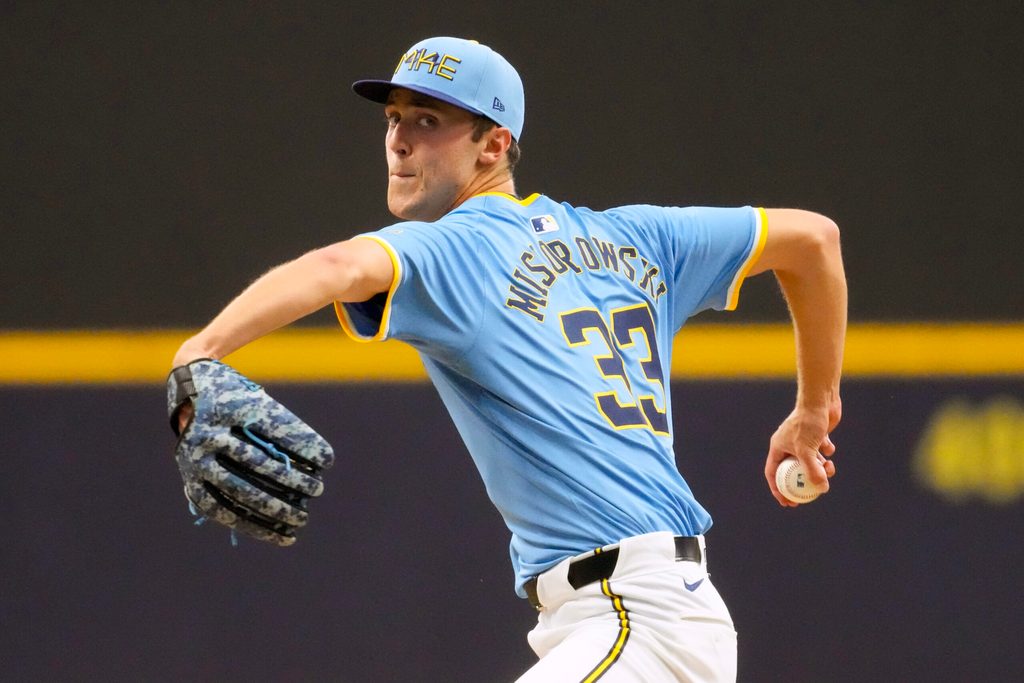 Jun 12, 2025; Milwaukee, Wisconsin, USA;  Milwaukee Brewers pitcher Jacob Misiorowski (33) throws a pitch during the third inning against the St. Louis Cardinals at American Family Field. Mandatory Credit: Jeff Hanisch-Imagn Images