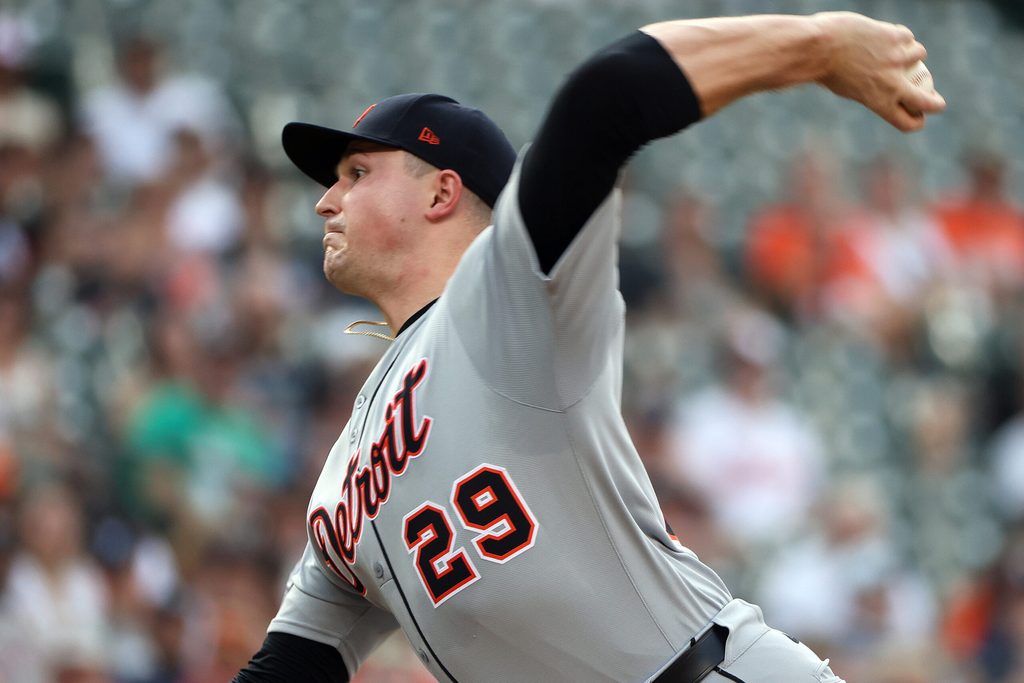 Jun 12, 2025; Baltimore, Maryland, USA; Detroit Tigers pitcher Tarik Skubal (29) throws during the second inning against the Baltimore Orioles at Oriole Park at Camden Yards. Mandatory Credit: Daniel Kucin Jr.-Imagn Images