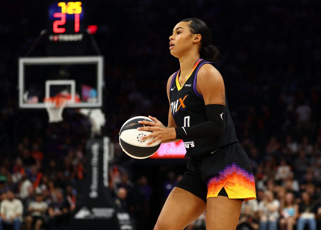 Jun 11, 2025; Phoenix, Arizona, USA; Phoenix Mercury forward Satou Sabally (0) against the Dallas Wings at PHX Arena. Mandatory Credit: Mark J. Rebilas-Imagn Images