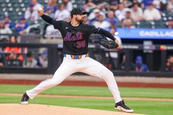 Jun 13, 2025; New York City, New York, USA; New York Mets starting pitcher Clay Holmes (35) delivers a pitch during the first inning against the Tampa Bay Rays at Citi Field. Mandatory Credit: Vincent Carchietta-Imagn Images