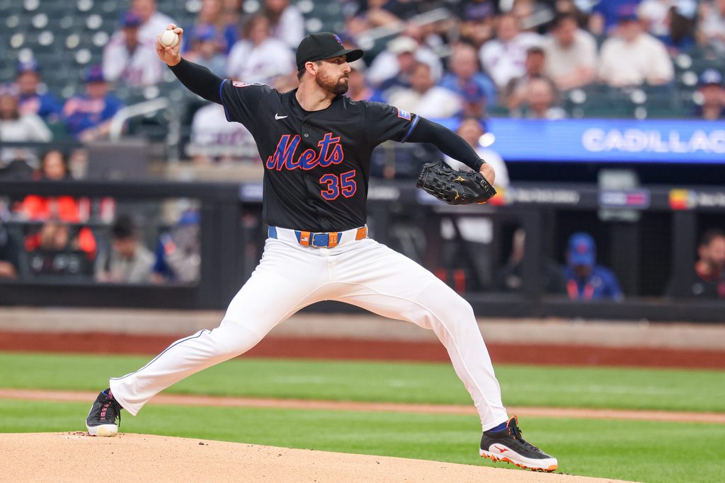 Jun 13, 2025; New York City, New York, USA; New York Mets starting pitcher Clay Holmes (35) delivers a pitch during the first inning against the Tampa Bay Rays at Citi Field. Mandatory Credit: Vincent Carchietta-Imagn Images