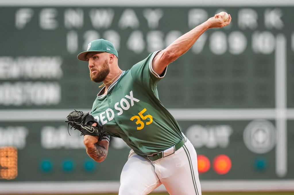 Jun 13, 2025; Boston, Massachusetts, USA; Boston Red Sox pitcher Garrett Crochet (35) throws a pitch against the New York Yankees in the first inning at Fenway Park. Mandatory Credit: David Butler II-Imagn Images