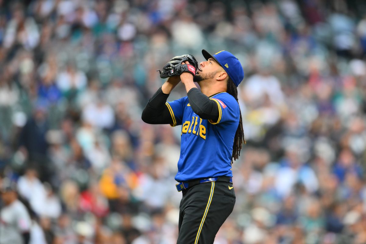 Jun 13, 2025; Seattle, Washington, USA; Seattle Mariners starting pitcher Luis Castillo (58) looks up during the first inning against Cleveland Guardians at T-Mobile Park. Mandatory Credit: Steven Bisig-Imagn Images