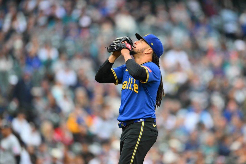 Jun 13, 2025; Seattle, Washington, USA; Seattle Mariners starting pitcher Luis Castillo (58) looks up during the first inning against Cleveland Guardians at T-Mobile Park. Mandatory Credit: Steven Bisig-Imagn Images