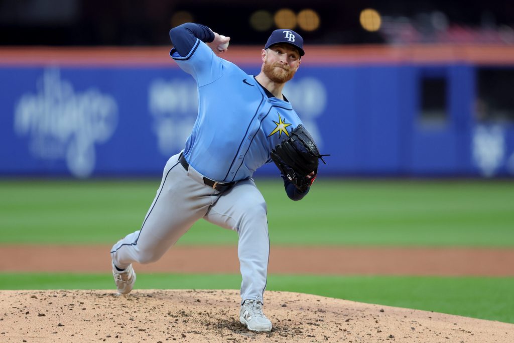 Jun 14, 2025; New York City, New York, USA; Tampa Bay Rays starting pitcher Drew Rasmussen (57) pitches against the New York Mets during the third inning at Citi Field. Mandatory Credit: Brad Penner-Imagn Images
