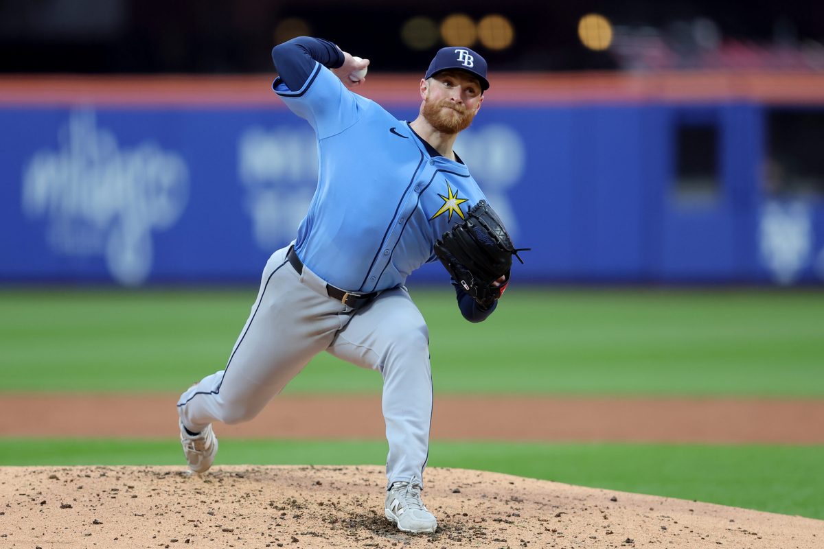 Jun 14, 2025; New York City, New York, USA; Tampa Bay Rays starting pitcher Drew Rasmussen (57) pitches against the New York Mets during the third inning at Citi Field. Mandatory Credit: Brad Penner-Imagn Images
