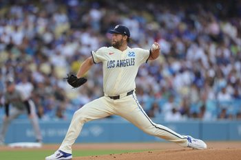 Jun 14, 2025; Los Angeles, California, USA; Los Angeles Dodgers pitcher Clayton Kershaw (22) on the mound during the first inning against the San Francisco Giants at Dodger Stadium. Mandatory Credit: Ryan Sun-Imagn Images