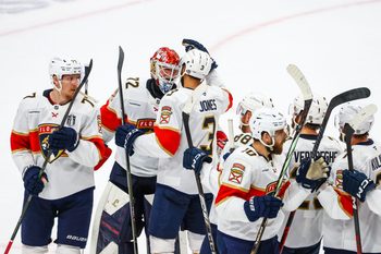 Jun 14, 2025; Edmonton, Alberta, CAN; Florida Panthers goaltender Sergei Bobrovsky (72) celebrate win with teammates against the Edmonton Oilers in game five of the 2025 Stanley Cup Final at Rogers Place. Mandatory Credit: Sergei Belski-Imagn Images