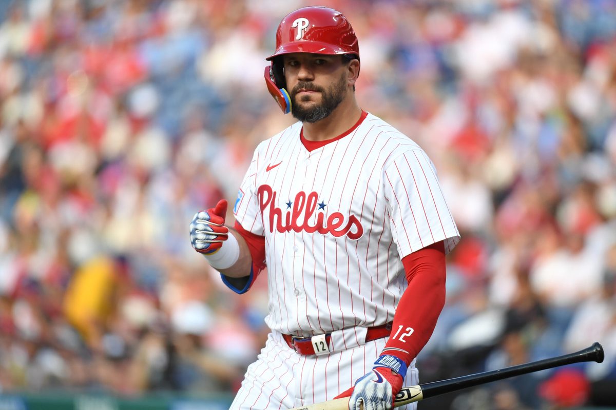Jun 10, 2025; Philadelphia, Pennsylvania, USA; Philadelphia Phillies outfielder Kyle Schwarber (12) at bat against the Chicago Cubs at Citizens Bank Park. Mandatory Credit: Eric Hartline-Imagn Images