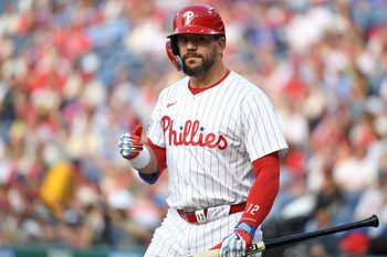Jun 10, 2025; Philadelphia, Pennsylvania, USA; Philadelphia Phillies outfielder Kyle Schwarber (12) at bat against the Chicago Cubs at Citizens Bank Park. Mandatory Credit: Eric Hartline-Imagn Images