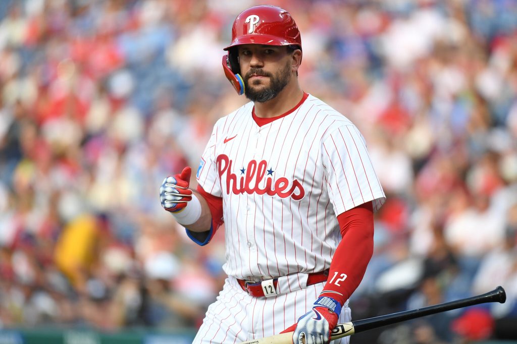 Jun 10, 2025; Philadelphia, Pennsylvania, USA; Philadelphia Phillies outfielder Kyle Schwarber (12) at bat against the Chicago Cubs at Citizens Bank Park. Mandatory Credit: Eric Hartline-Imagn Images