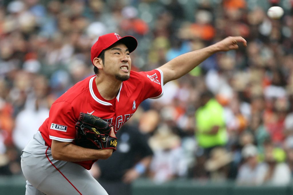 Jun 15, 2025; Baltimore, Maryland, USA; Los Angeles Angels pitcher Yusei Kikuchi (16) throws during the first inning against the Baltimore Orioles at Oriole Park at Camden Yards. Mandatory Credit: Daniel Kucin Jr.-Imagn Images