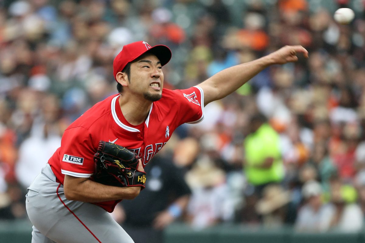 Jun 15, 2025; Baltimore, Maryland, USA; Los Angeles Angels pitcher Yusei Kikuchi (16) throws during the first inning against the Baltimore Orioles at Oriole Park at Camden Yards. Mandatory Credit: Daniel Kucin Jr.-Imagn Images