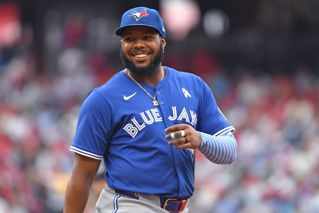 Jun 15, 2025; Philadelphia, Pennsylvania, USA;Toronto Blue Jays first base Vladimir Guerrero Jr. (27) during game against the Philadelphia Phillies at Citizens Bank Park. Mandatory Credit: Eric Hartline-Imagn Images