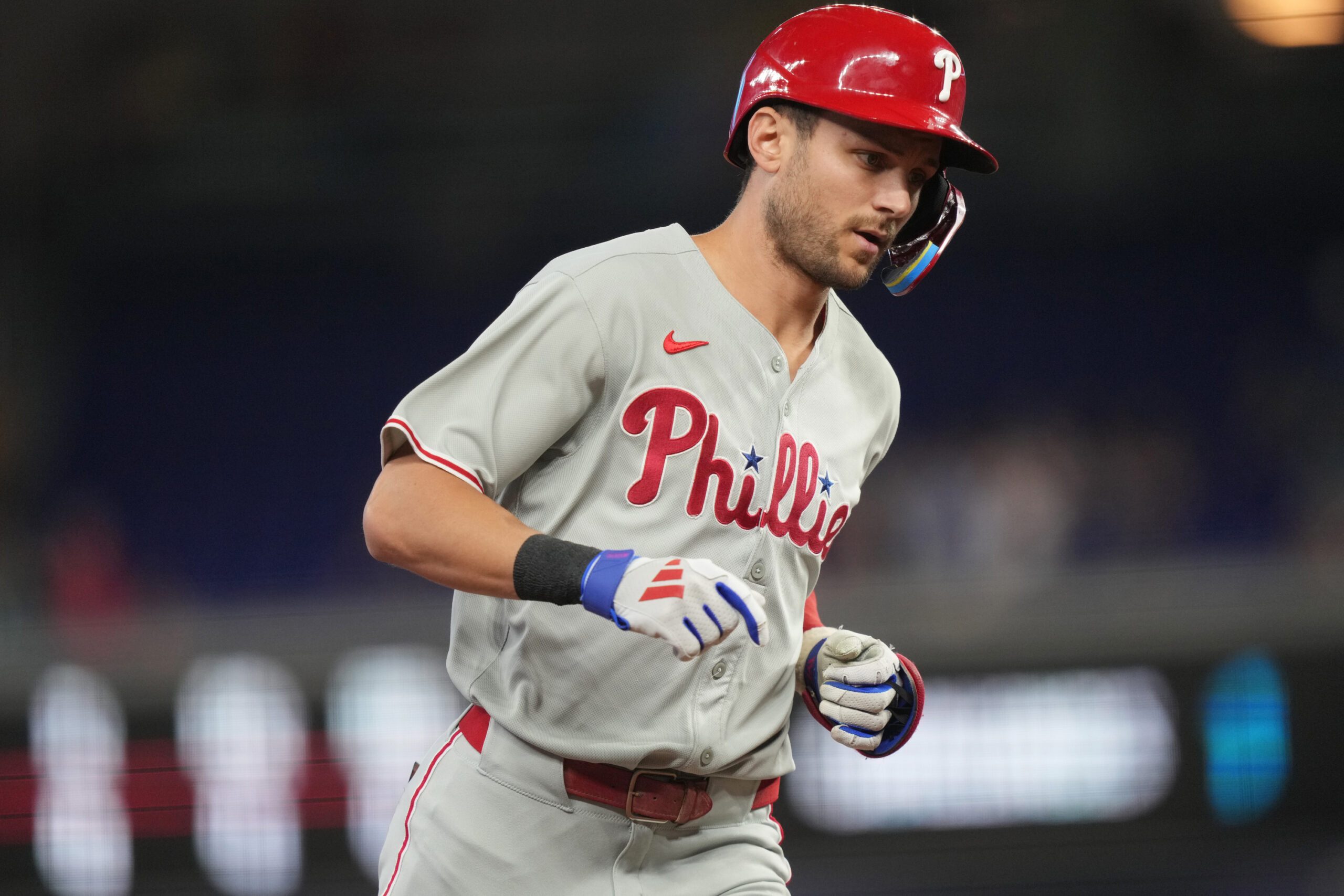 Jun 16, 2025; Miami, Florida, USA;  Philadelphia Phillies shortstop Trea Turner (7) rounds the bases after hitting a solo home run in the first inning against the Miami Marlins at loanDepot Park. Mandatory Credit: Jim Rassol-Imagn Images