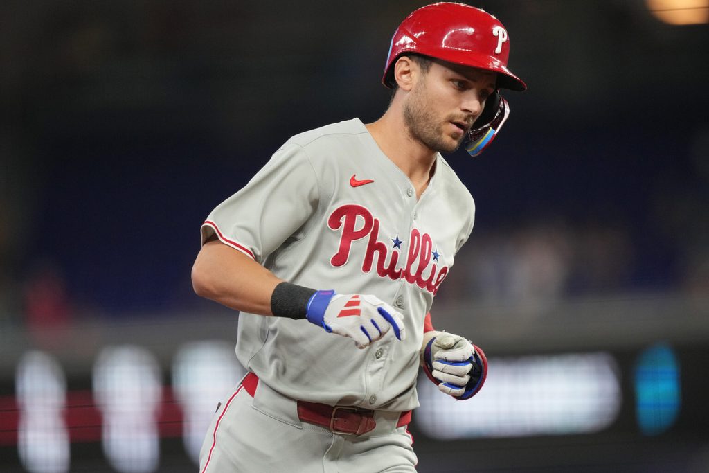 Jun 16, 2025; Miami, Florida, USA; Philadelphia Phillies shortstop Trea Turner (7) rounds the bases after hitting a solo home run in the first inning against the Miami Marlins at loanDepot Park. Mandatory Credit: Jim Rassol-Imagn Images