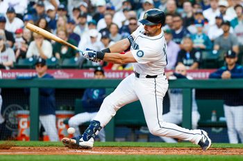 Jun 16, 2025; Seattle, Washington, USA; Seattle Mariners catcher Cal Raleigh (29) strikes out on a pitch in the dirt to end during the third inning against the Boston Red Sox at T-Mobile Park. Mandatory Credit: Joe Nicholson-Imagn Images
