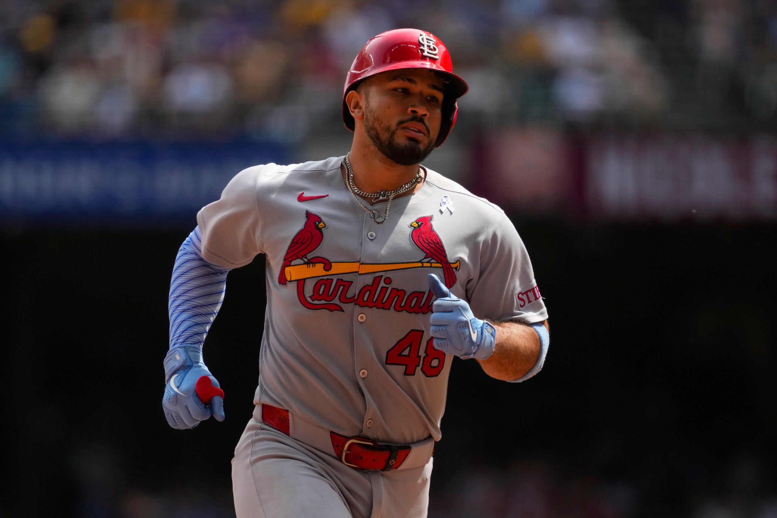 Jun 15, 2025; Milwaukee, Wisconsin, USA;  St. Louis Cardinals catcher Ivan Herrera (48) rounds the bases during the game against the Milwaukee Brewers at American Family Field. Mandatory Credit: Jeff Hanisch-Imagn Images